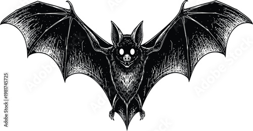 Vintage Engraving Style Black and White Bat Illustration with Spreading Wings and Glowing Eyes Isolated on White Background for Gothic Designs