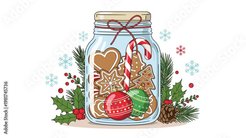 Festive illustration of a glass jar filled with gingerbread cookies, candy canes, and colorful Christmas ornaments for gifts.