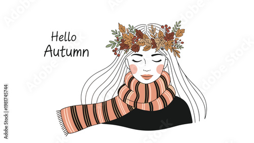 Cozy autumn illustration of a girl with long white hair wearing a leaf crown and a warm striped scarf on white background.