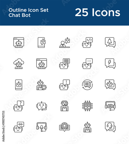 Chatbot and IoT outline icon set for AI communication UI. Smart technology and automation line icons