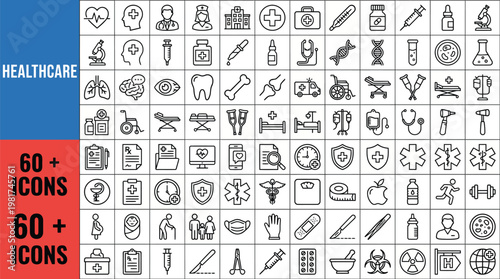Healthcare icon set a comprehensive collection of 60 line art symbols for medical and wellness applications