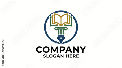 An emblematic logo featuring an open book and a fountain pen, representing knowledge, education, and scholarly pursuits with a vibrant and engaging visual appeal.