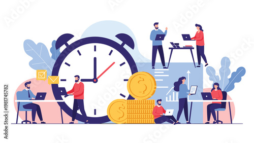 Conceptual illustration of business team productivity showing people working around a large clock and stacks of gold coins.