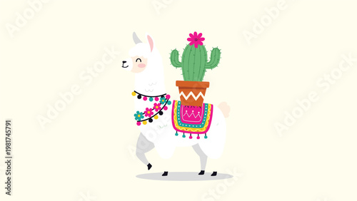 Whimsical illustration of a white llama decorated with colorful pom-poms and carrying a potted cactus on its back.