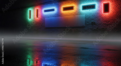 A dark alleyway with a brick wall featuring colorful neon lights at night