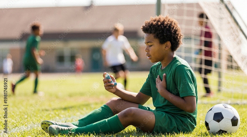 Fototapeta premium Young boy in a green sports uniform sitting on a soccer field holding his chest and using an asthma inhaler. Sports emergency, respiratory attack, child healthcare.