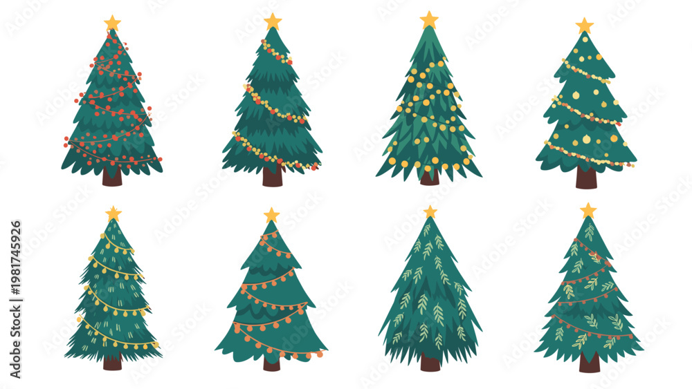 Obraz premium Collection of eight uniquely decorated Christmas trees with various ornaments, garlands, and stars on a white background.