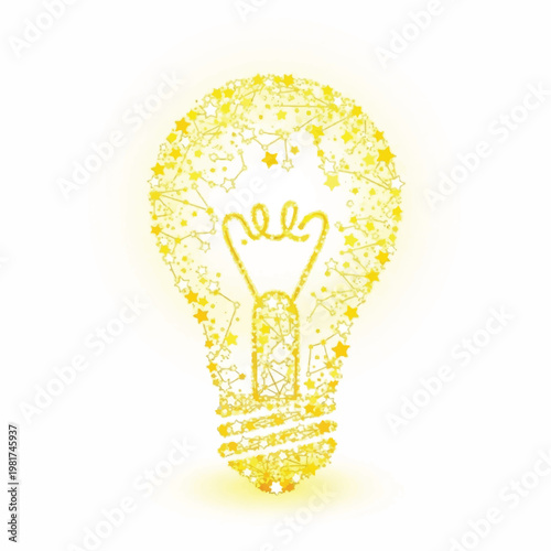A glowing yellow lightbulb illustration made of tiny particles with a raised hand inside on a white background