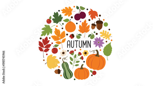 Circular autumn arrangement featuring fall leaves, pumpkins, acorns, apples, and flowers around central autumn text.