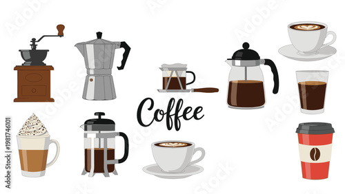 Set of different coffee brewing equipment including a grinder, moka pot, french press, pour over, and various cups of coffee with lattes.