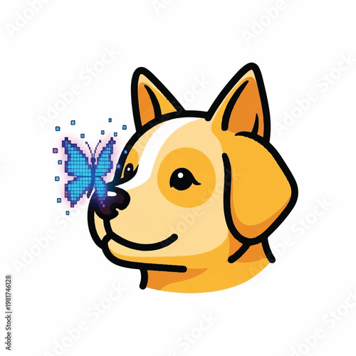 A cartoon dog sniffs a colorful butterfly nearby its face.