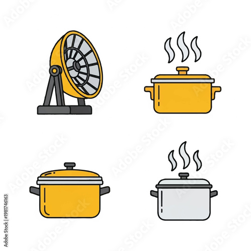 A fan blows air near a steaming pot on a stove in a kitchen environment.