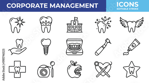 Corporate management icons set dentistry business health and success visual elements collection