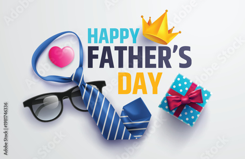 Flat lay style of Happy Father's Day inscription with necktie,glasses and gift box for dad.Greetings and presents.Vector illustration EPS10