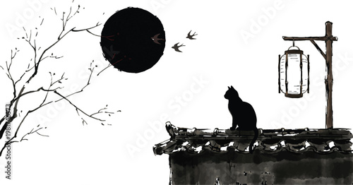 Black cat sitting on a traditional roof under a dark moon