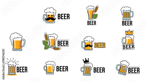 Set of creative beer mug icons and logos featuring mustaches, crowns, wheat, and hops with the word beer on a white background.