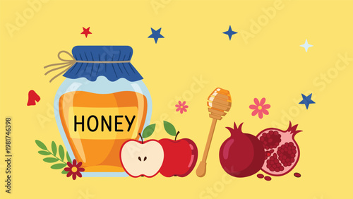 Still life illustration for rosh hashanah showing a large honey jar, apple halves, pomegranates, and a honey dipper on a yellow background.