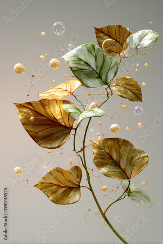 Bio nature fusion with organic leaves and molecular accents on neutral background showcasing minimal longevity wellness concept in modern aesthetic