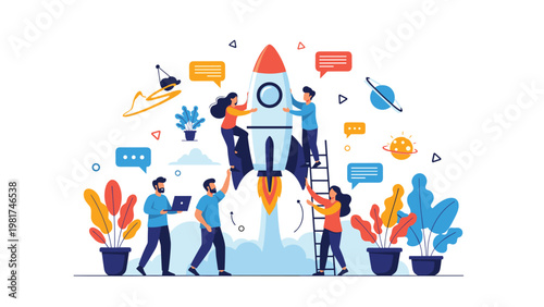 Group of people working together to prepare and launch a large space rocket, representing a successful business startup and innovation concept.