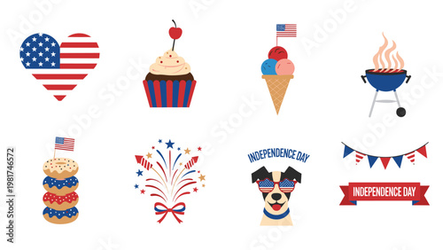 Set of independence day icons featuring the american flag heart, fireworks, barbecue grill, and festive food like cupcakes and donuts.