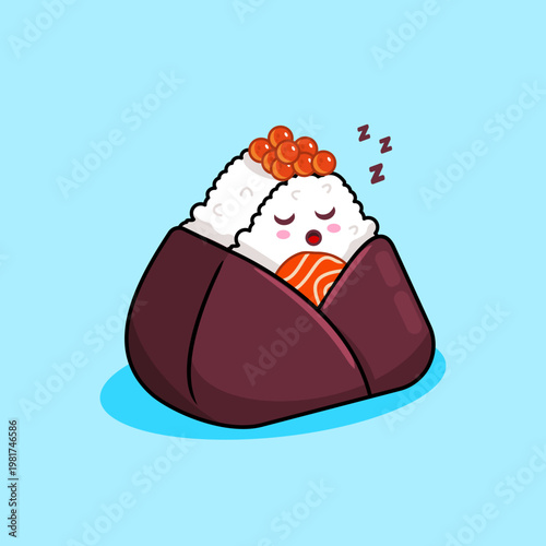 Cute Sleeping Onigiri Salmon with Ikura Topping Vector Illustration Kawaii Food
