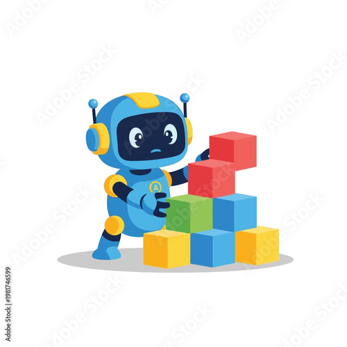 Artificial Intelligence Robot Assembling Blocks – Flat Vector for Problem Solving and Business Growth 