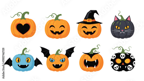 Collection of eight unique Halloween pumpkin illustrations featuring various spooky and cute faces including a witch, a cat, and a vampire.