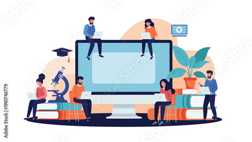 Conceptual illustration of online learning featuring people studying on books and laptops around a large computer screen for digital education.