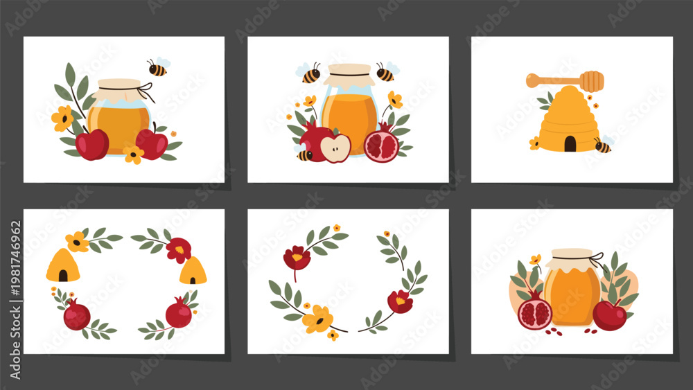 Obraz premium Set of six decorative cards featuring honey jars, beehives, bees, and pomegranate motifs surrounded by floral wreaths on white backgrounds.