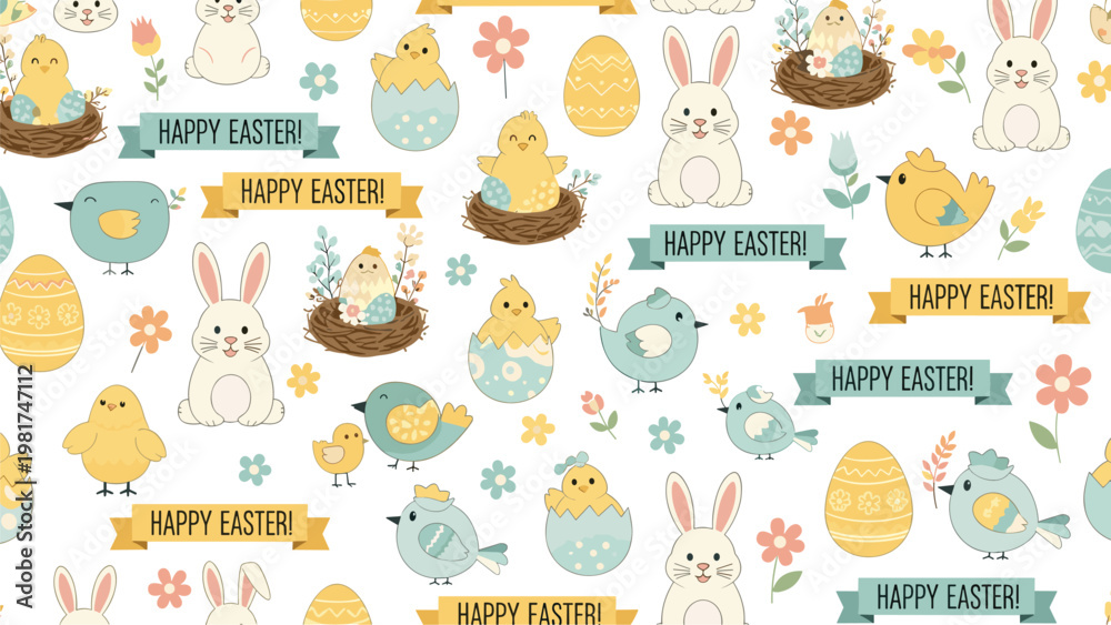Fototapeta premium Cheerful seamless Easter pattern featuring cute chicks, bunnies, birds, and decorated eggs with Happy Easter banners on a white background.