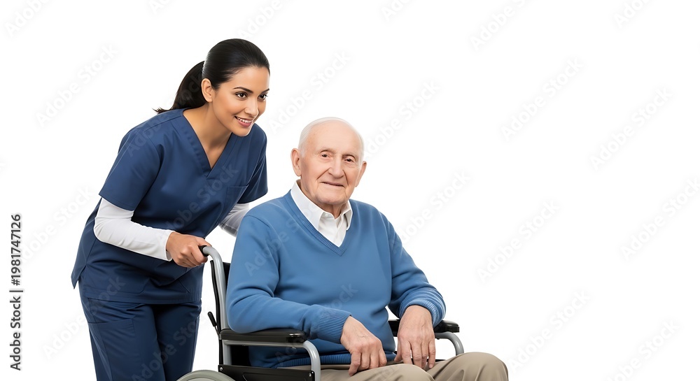 Fototapeta premium Smiling healthcare worker pushes elderly man in a wheelchair, both looking forward