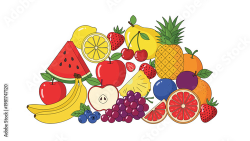 Large colorful heap of assorted whole and sliced fruits including watermelon, pineapple, bananas, apples, and berries in a hand drawn style.