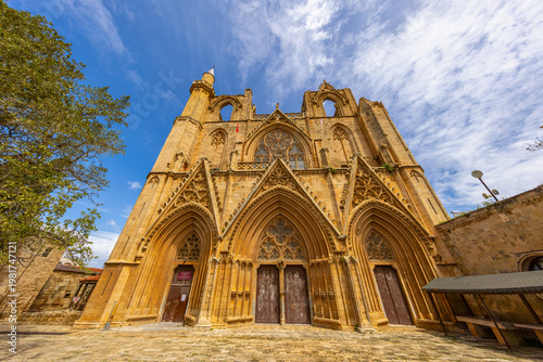 Exterior view to Lala Mustafa Pasa mosque. Formerly St. Nicholas Cathedral in the old town of Famagusta, Northern Cyprus