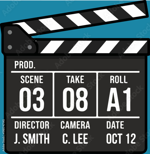 Black movie clapper board closeup.