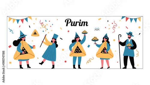 Festive Purim celebration illustration with people in costumes holding traditional hamantaschen cookies and a shepherd character on white.