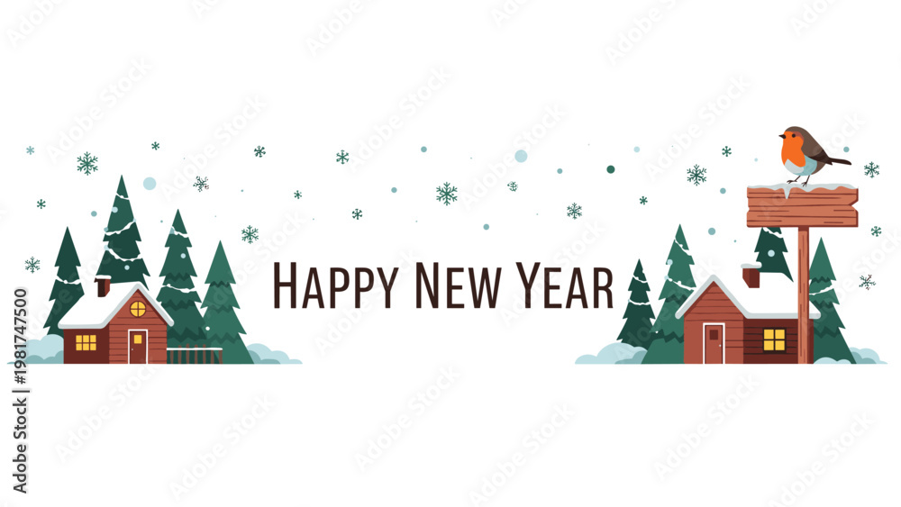 Obraz premium Happy New Year banner featuring cozy snow-covered houses, evergreen trees, and a robin bird perched on a wooden sign.