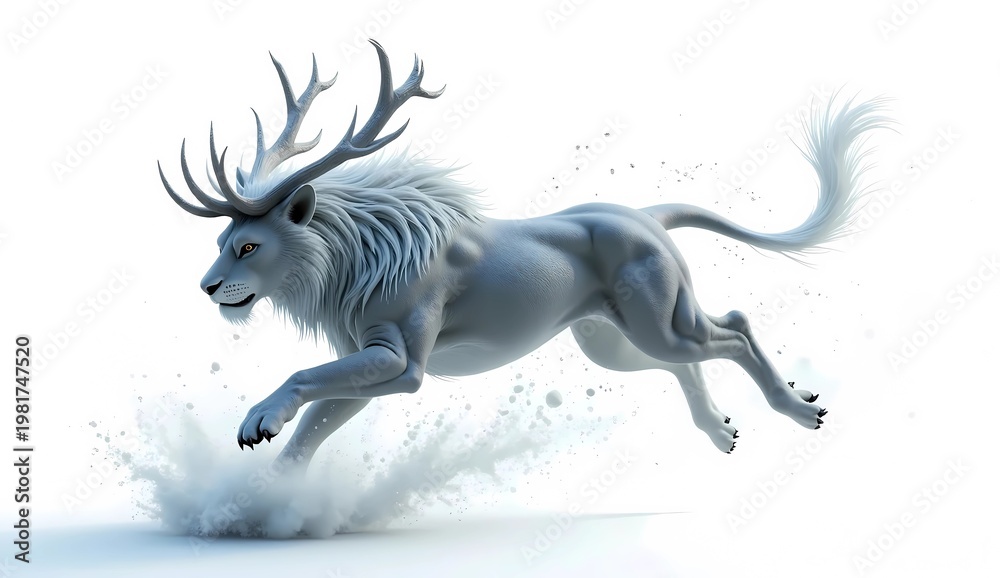Fototapeta premium Majestic White Mythical Lion with Deer Antlers Running in Snow 