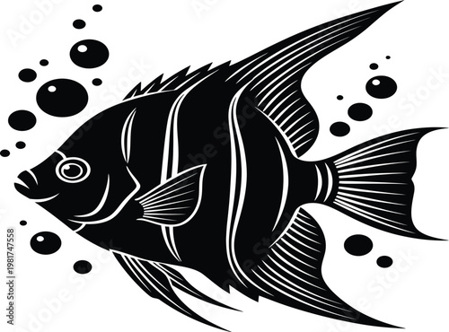Stylized Black and White Angelfish Illustration with Tropical Stripes and Water Bubbles Isolated on White Background for Marine Life Graphic Design