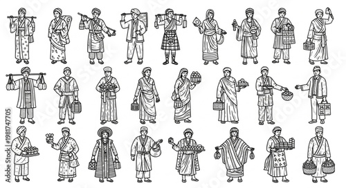 Collection of ancient Chinese figures in traditional clothing and poses.
