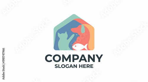 Photography This colorful logo design represents a pet care company, featuring a home silhouette with a cat, dog, and fish, symbolizing love, care, and companionship in pet ownership