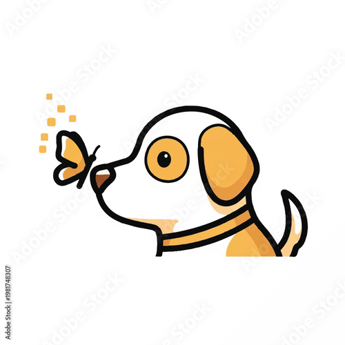 A curious dog sniffs a colorful butterfly flying nearby outdoors.