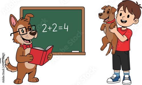 Cute Cartoon Dog Teacher and Boy with Puppy, Fun Education Scene with Blackboard and Math Lesson for Kids Illustration