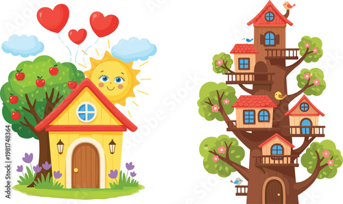 Cute Cartoon Houses with Treehouse and Sunny Garden Scene, Whimsical Home Illustrations for Kids, Storybook, and Fantasy Design