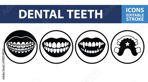 Dental teeth icons set illustrating various stages of tooth health and dental issues in black and white