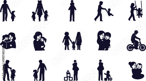Diverse family activities and interactions illustrated in silhouettes