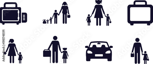 Various illustrations of people with luggage and transportation modes for travel themes
