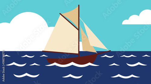 A colorful illustration of a sailing boat on a calm sea under a clear blue sky, representing tranquility and adventure in maritime life and exploration.