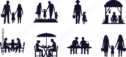 Diverse family scenes in outdoor and social settings