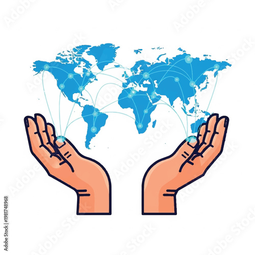 Hands holding a global network map with connected lines