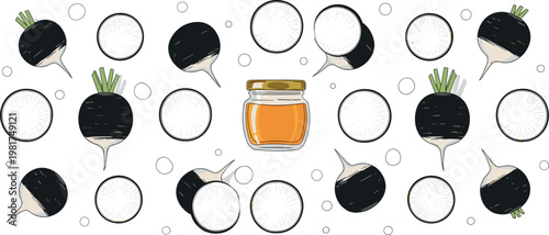 Black radish seamless pattern with sliced roots and honey jar, healthy organic food background vector illustration design